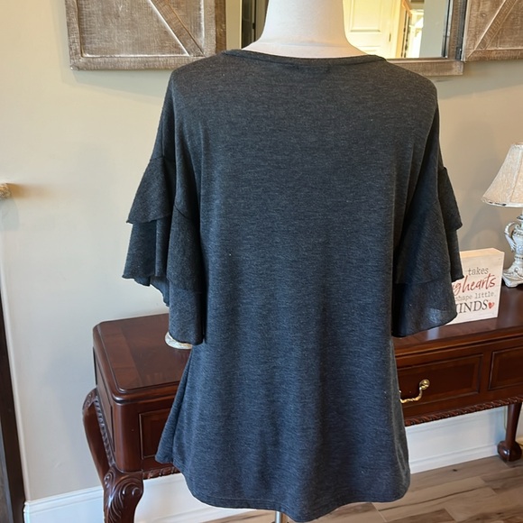 Oversized Luxe Gray Top Ruffle Tiered Bell Sleeve Knit Womens Small Roomy - Picture 7 of 9